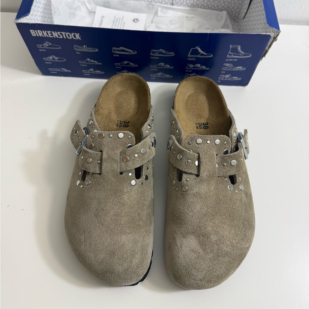 Birkenstock Beige Suede Clogs with Silver Studs - Picture 4 of 15